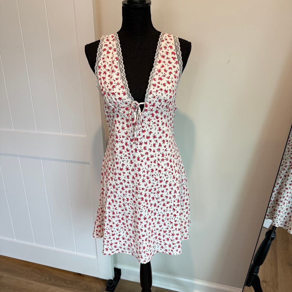 NWT Thirty Thirty LA Floral Lace Trim Mini Dress XL White Red Sleeveless